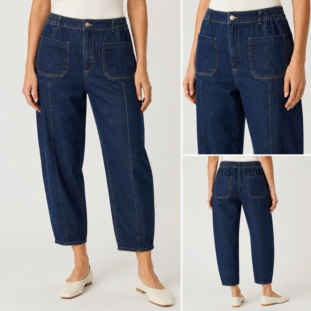 Zara Women’s Barrel Jeans 10 Elastic Waist Barrel Tapered Patch Pocket Baggy